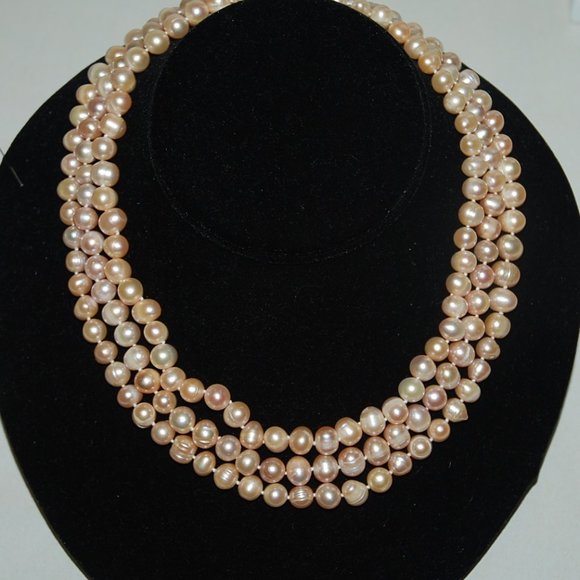 3-Strand 7mm Peach Freshwater Pearl Necklace & Bracelet Set - Picture 2 of 9